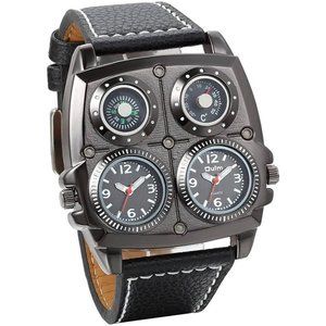 Mens Watch Dual Time Zone Cool Black 4 Face Watch